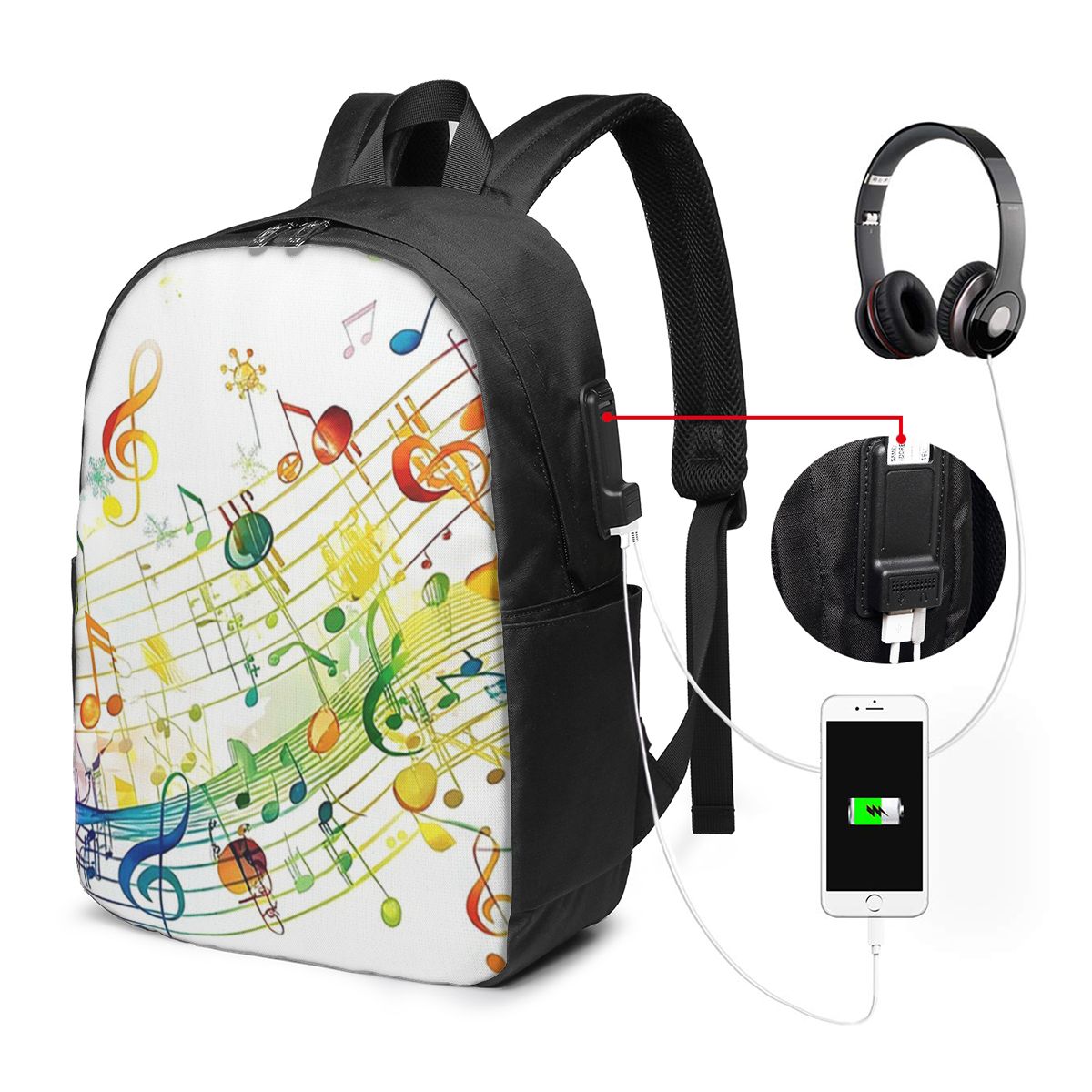 Laptop Bag - กระเป๋าเป้สะพายหลังลายคีย์เปียโนพร้อมโน้ตดนตรี กระเป๋าใส่โน้ตบุ๊คสำหรับเดินทาง กระเป๋าใส่คอมพิวเตอร์สำหรับนักศึกษา กระเป๋านักเรียน กระเป๋าใส่แล็ปท็อป กระเป๋าสะพายไหล่
