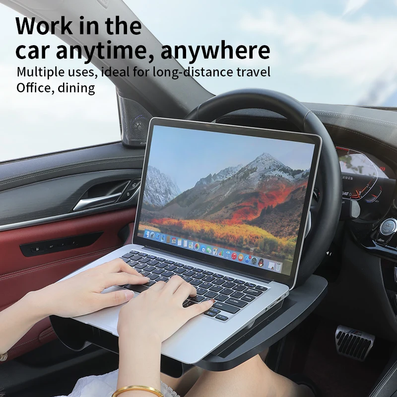 Laptop Stand - ขาตั้งโต๊ะวางแล็ปท็อปในรถยนต์แบบอเนกประสงค์ โต๊ะอาหารพับได้สำหรับวางบนพวงมาลัย พร้อมถาดวางเครื่องดื่มและกล่องเก็บของในช่องว่าง